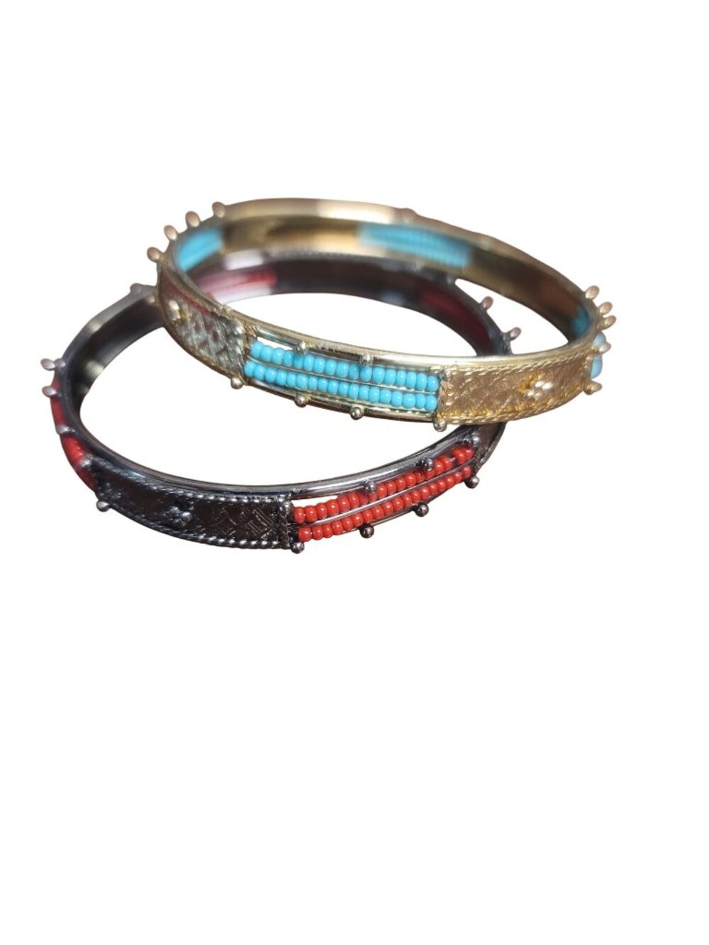 Beaded Metal Bangles Set Of 2 Gold Silver Finish Red Turquoise Size 7.5 Inches
